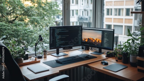 Wallpaper Mural Modern office workspace with dual monitors and greenery, bright natural light. Torontodigital.ca