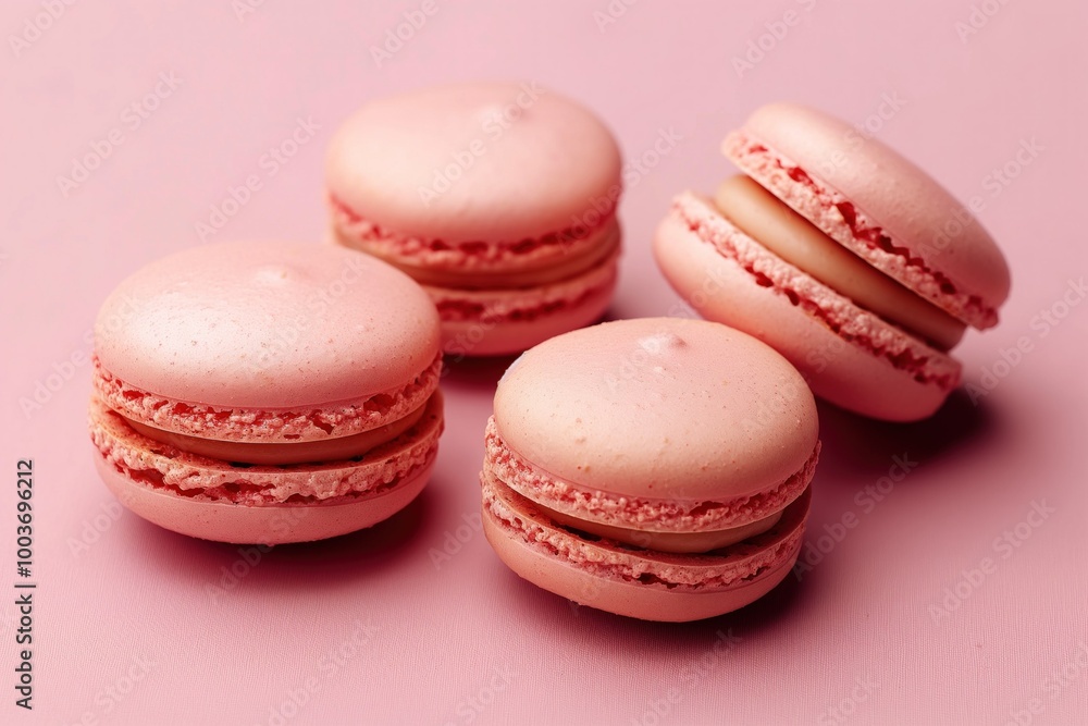 Pink French macarons on pink background. Sweet, tasty pastries in studio shot. Top view of confectionery dessert. Pastel colors, copy space for text. Delicious, sweet treats in bakery style. Pink French macarons on pink background. Sweet, tasty pastries in studio shot. Top view of confectionery dessert. Pastel colors, copy space for text. Delicious, sweet treats in bakery style.