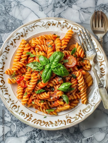 A plate of fussili pasta, food photograpyh photo