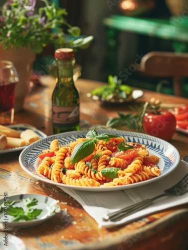 A plate of fussili pasta, food photograpyh photo