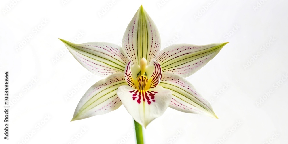 White background with blooming peacock orchid also known as acidanthera from worm's eye view White background with blooming peacock orchid also known as acidanthera from worm's eye view