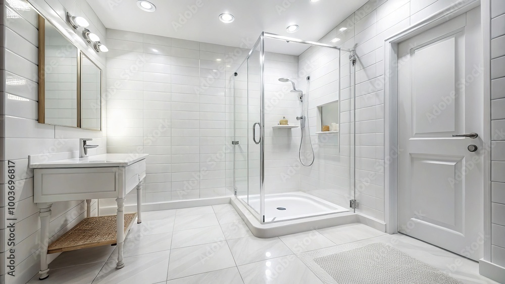 white bathroom with tile floor and shower cabin Worm's Eye View white bathroom with tile floor and shower cabin Worm's Eye View