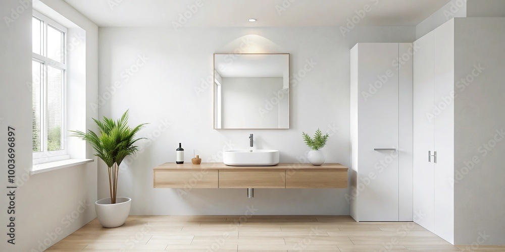 White bathroom with sink and mirror minimalist design White bathroom with sink and mirror minimalist design