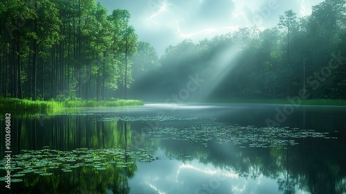 Serene Lake in a Lush Forest with Sunlight Breaking Through the Clouds