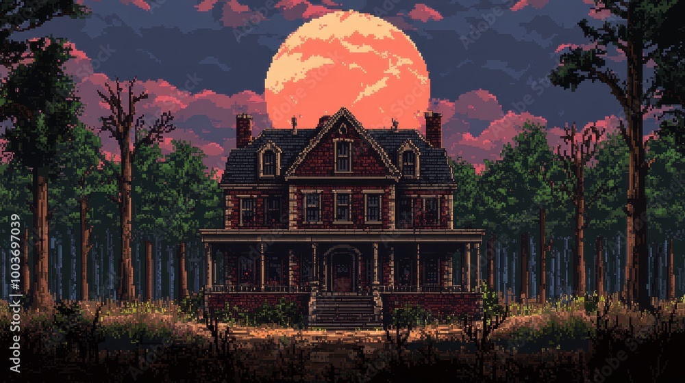 Obraz premium Eerie Vintage House Surrounded by Forests at Sunset