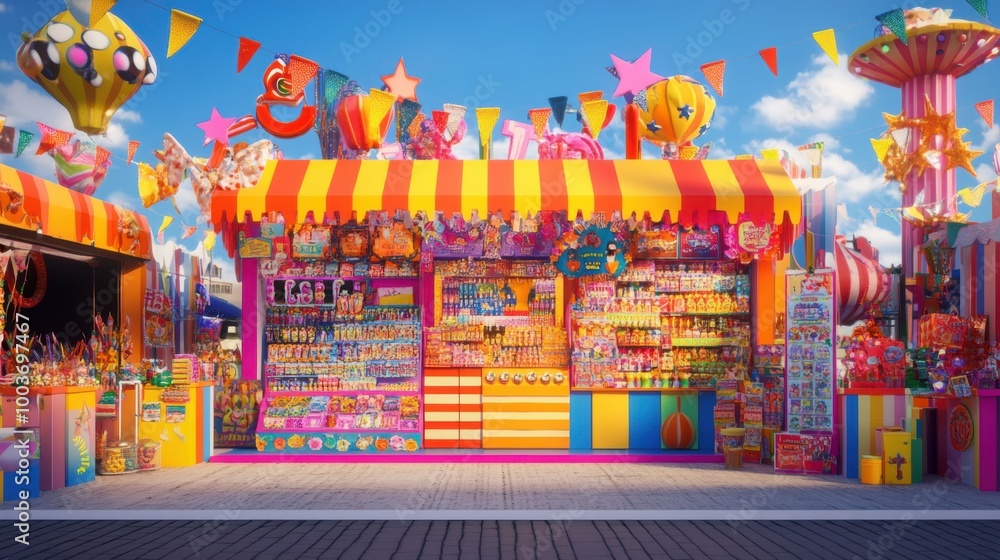 Naklejka premium 3D effect of a carnival souvenir stand with an array of colorful trinkets, happy shoppers,