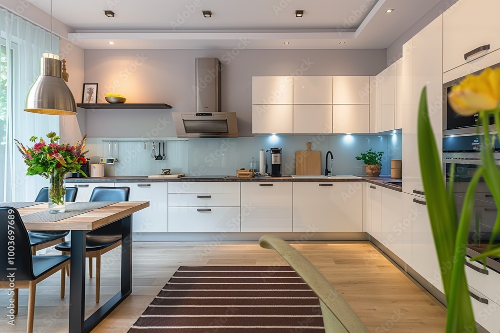 Modern kitchen interior with comfortable furniture, stylish decor. Blue, white colors dominate space. High-quality appliances, kitchen utensils on display. Shiny countertops, large refrigerator add