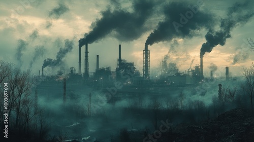 Industrial smoke rising over factories under a moody, cloudy sky.