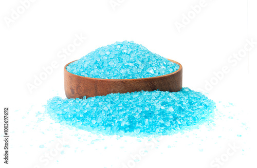 Blue Salt Crystals in Wood Bowl Isolated, Bath Salt for Spa Relax, Cupric Sulfate or Copper Sulfate photo