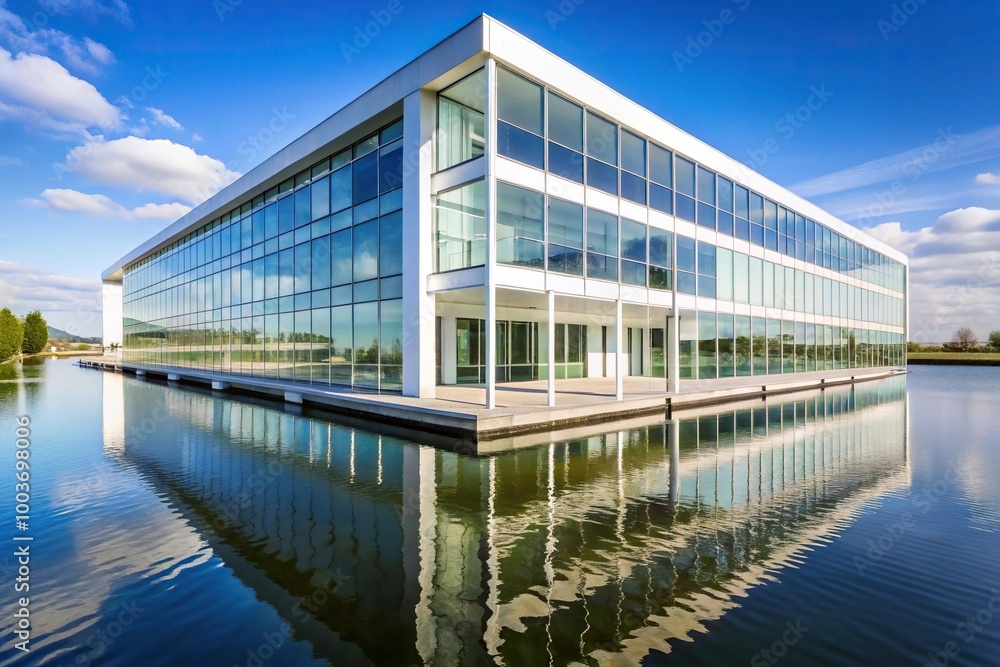 Obraz premium White building with glass windows next to body of water