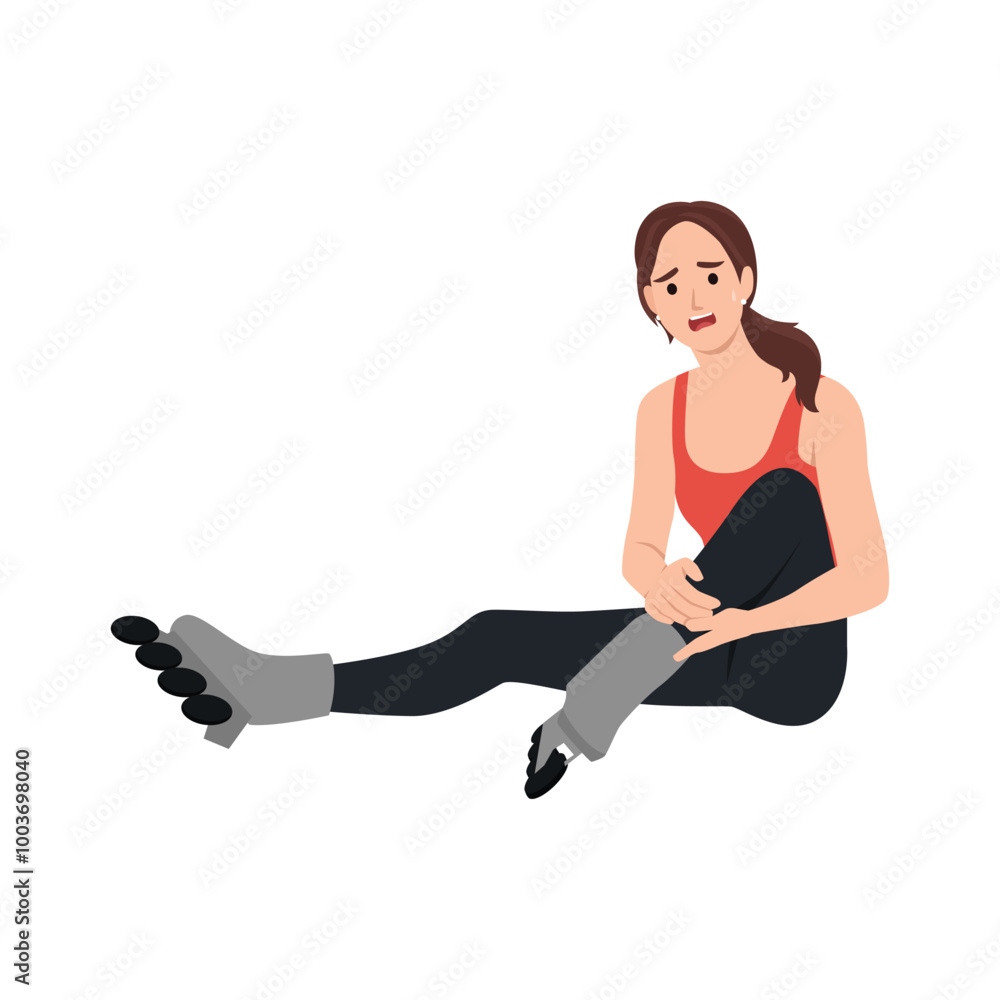 Young beautiful woman injured knee while rollerblading. Flat vector illustration isolated on white background Young beautiful woman injured knee while rollerblading. Flat vector illustration isolated on white background