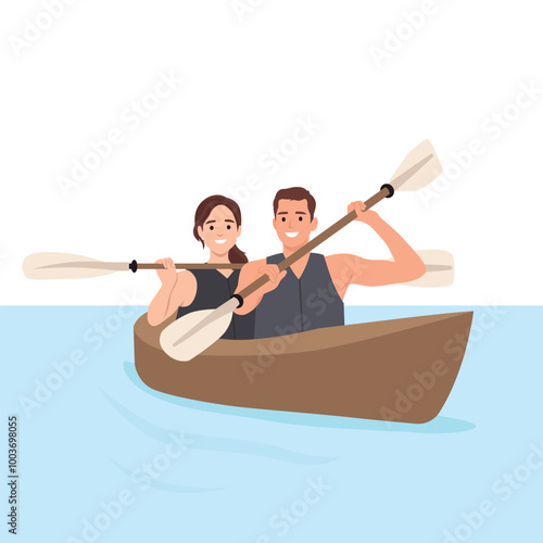 Young couple man and woman rowing a boat canoe. Flat vector illustration isolated on white background