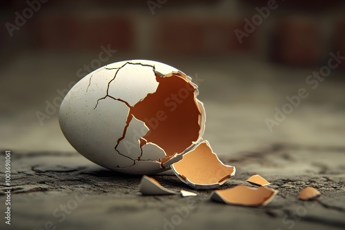 a broken egg lying on a rough surface. The eggshell is cracked open, with several pieces scattered around it. The interior of the shell is visible, showing a brownish color. photo