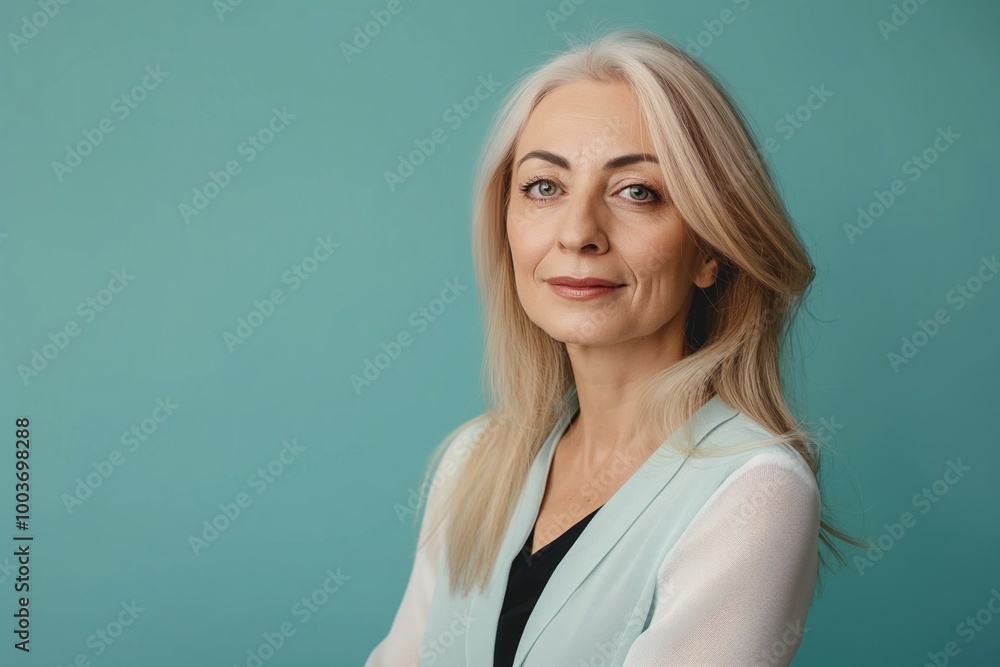 Attractive mature woman poses on colorful background. Middle-aged lady wears casual attire, makeup, and stylish clothes. Green and other colors surround her, highlighting beauty and fashion style. Attractive mature woman poses on colorful background. Middle-aged lady wears casual attire, makeup, and stylish clothes. Green and other colors surround her, highlighting beauty and fashion style.