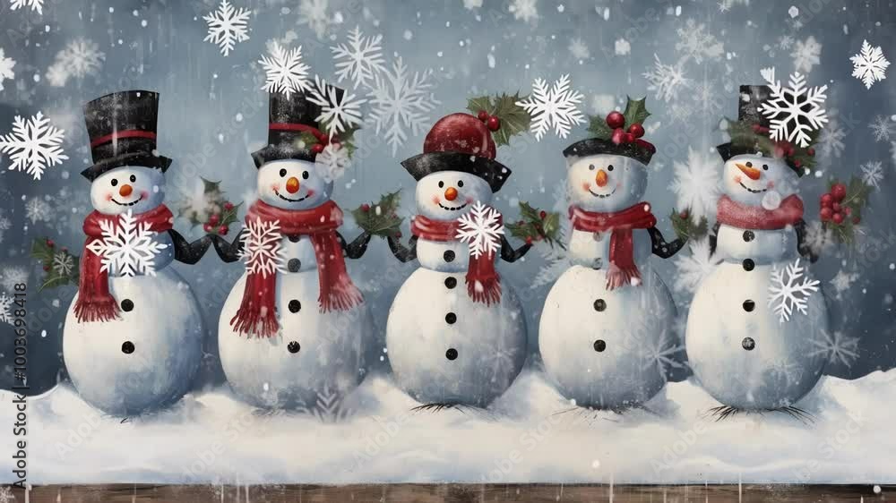 Five snowmen stand together in the snow, holding hands and wearing top hats, scarves, and holly, capturing a festive winter scene with falling snowflakes Five snowmen stand together in the snow, holding hands and wearing top hats, scarves, and holly, capturing a festive winter scene with falling snowflakes