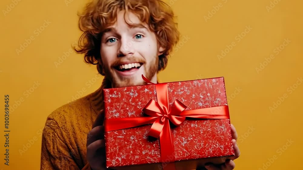 A man is holding a red box with a red ribbon on it. He is smiling and he is happy A man is holding a red box with a red ribbon on it. He is smiling and he is happy