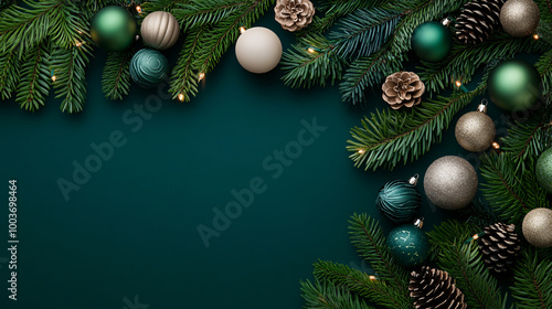 Festive Christmas border with pine branches, ornaments and pinecones on a teal background.