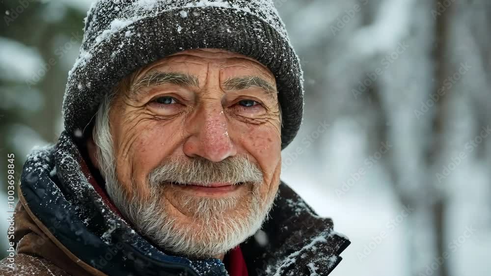 A man with a black hat and a beard is smiling in the snow A man with a black hat and a beard is smiling in the snow