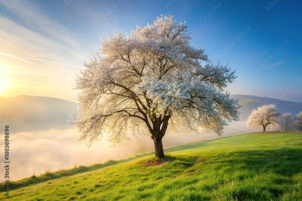 White cherry blossom on meadow hillside with morning mist in background White cherry blossom on meadow hillside with morning mist in background