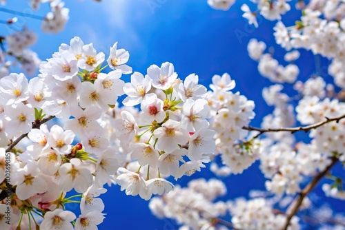 White cherry blossoms blooming against deep blue sky in springtime aerial view