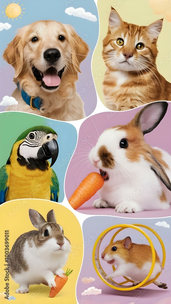 Group of domestic pets cat dog rabbit hamster parrot Group of domestic pets cat dog rabbit hamster parrot