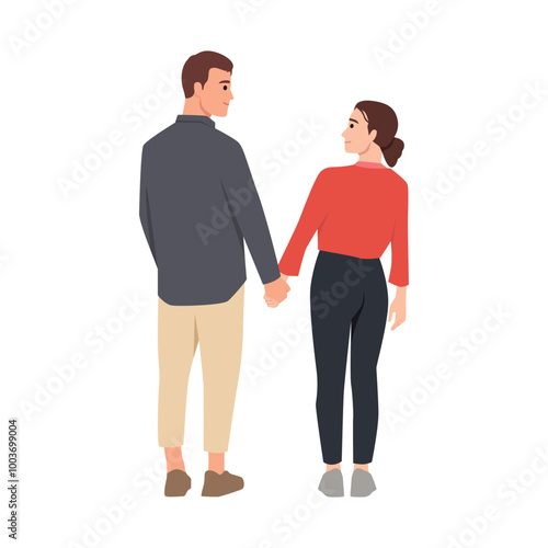 Young Couple Holding Hands as they Walk Away. Flat vector illustration isolated on white background