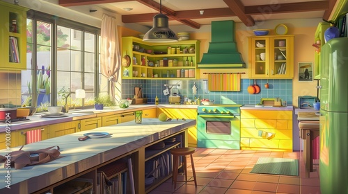 A large interior kitchen with island, yellow tones