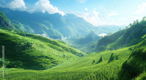 Rice terraces, lush green rice fields, terraced landscapes, stunning natural scenery