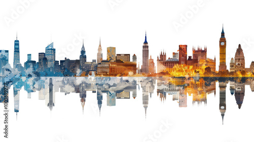 Watercolor city skyline with reflection, isolated on transparent background