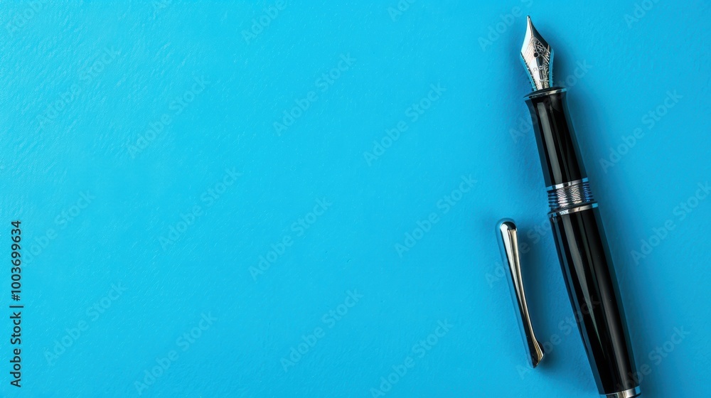 Fototapeta premium Modern Fountain Pen on Bright Blue Background