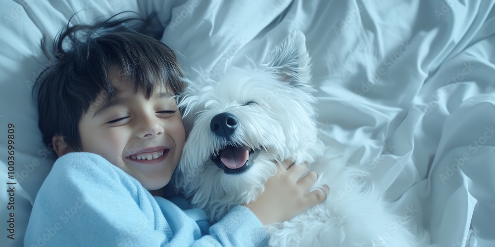 A happy child cuddling a fluffy dog on a cozy bed, showcasing the bond of friendship and joy in a warm, relaxing atmosphere. A happy child cuddling a fluffy dog on a cozy bed, showcasing the bond of friendship and joy in a warm, relaxing atmosphere.