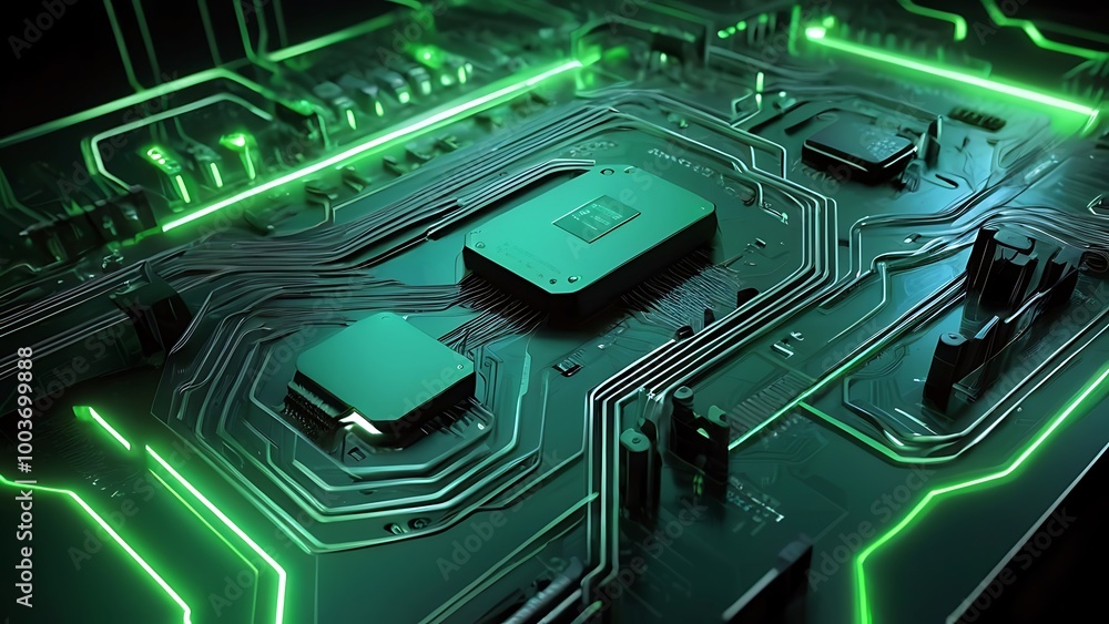 Fototapeta premium A computer processor chip mounted on a green printed circuit board