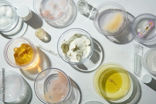 Petri dishes contain various cosmetic products on white background in flat lay composition. Facial care, skin care, dermatology products displayed. Creams, gels, lotions, serums arranged neatly.