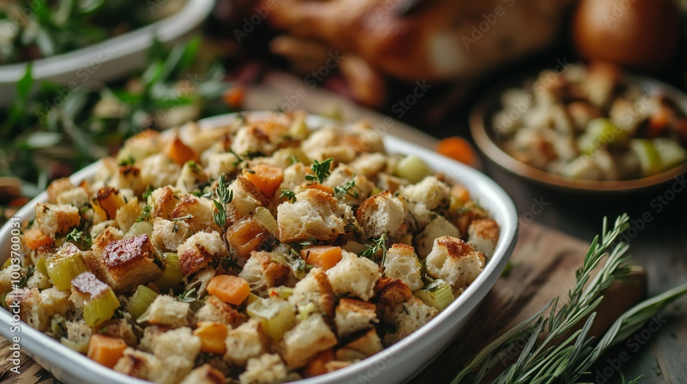 A background showcasing the ingredients for stuffing, with chopped vegetables, herbs, and bread cubes. A background showcasing the ingredients for stuffing, with chopped vegetables, herbs, and bread cubes.