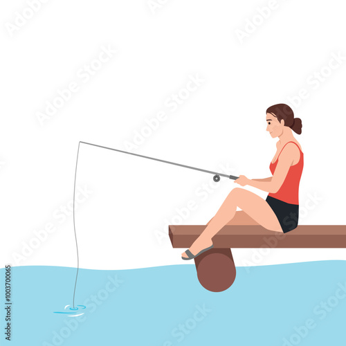 Young woman relaxing during fishing on jetty. Cheerful fisherwoman fishing on lake. Flat vector illustration isolated on white background