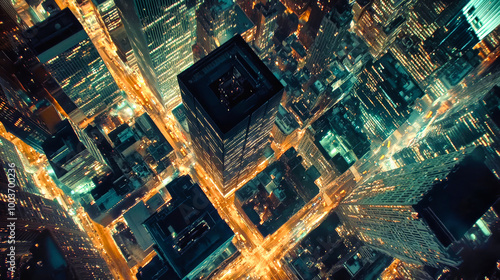 Aerial view of a modern cityscape at night showcasing skyscrapers, illuminated roads, and vibrant urban life in a stunning top-down perspective photo