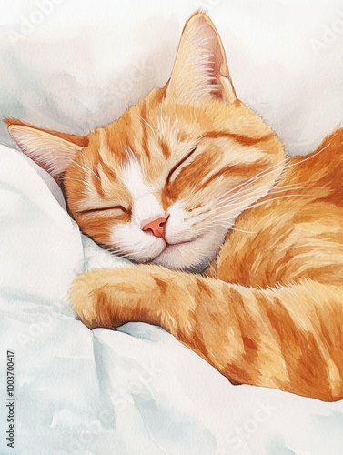 A cozy orange cat peacefully sleeping on a soft white bedspread, enjoying a calm afternoon nap. Generative AI