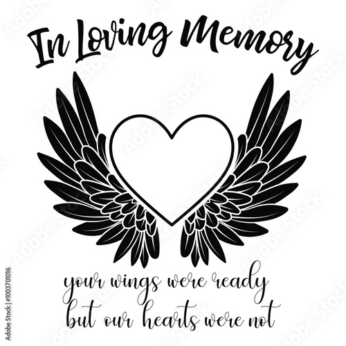 In Loving Memory, Angel wings with heart, In memory of, Rest in peace, In memory, Memorial frame, RIP, Funeral cursive calligraphy