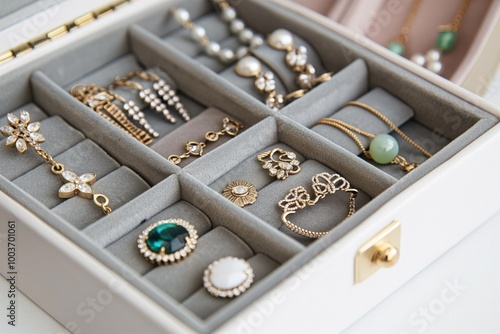 Stylish jewelry box with various accessories on white surface. Close-up of luxury items, gold, silver decorations, elegant earring, necklace, ring. Minimalist background, comfortable, beautiful,