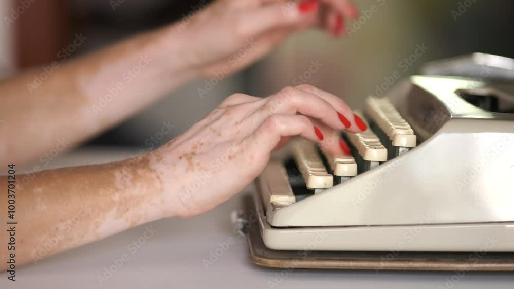 Close-up of a girl with vitiligo typing on a typewriter. Close-up of a girl with vitiligo typing on a typewriter.