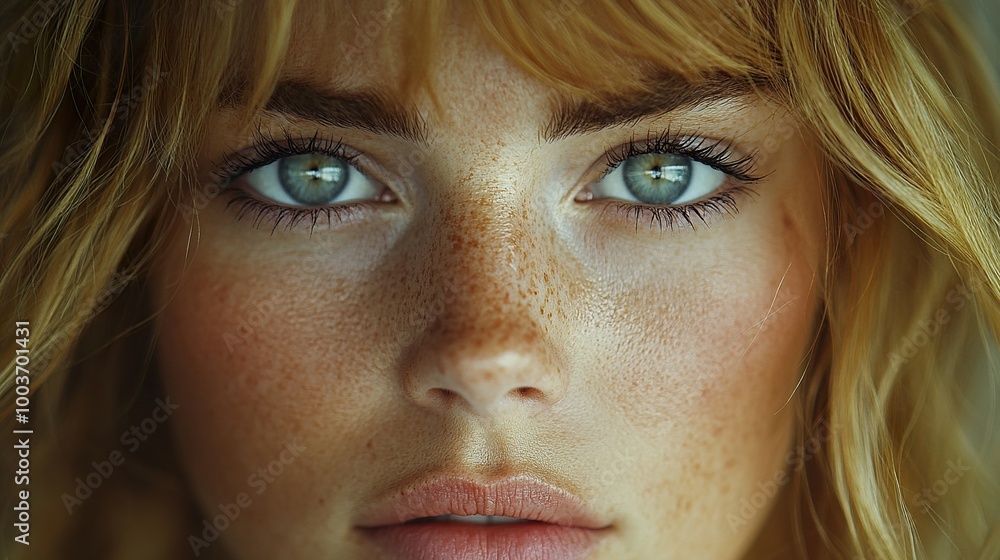 Close-up Portrait of a Woman with Freckles and Green Eyes Close-up Portrait of a Woman with Freckles and Green Eyes