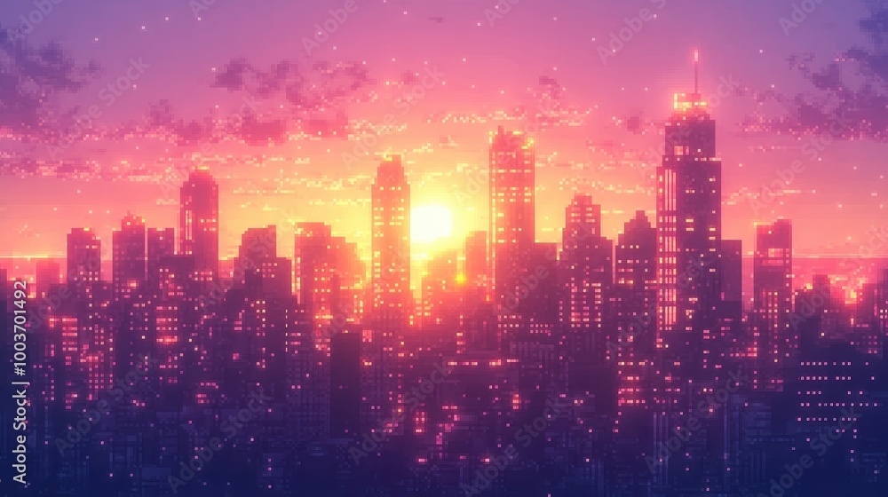 Vibrant City Skyline Against Colorful Sunset Vibrant City Skyline Against Colorful Sunset