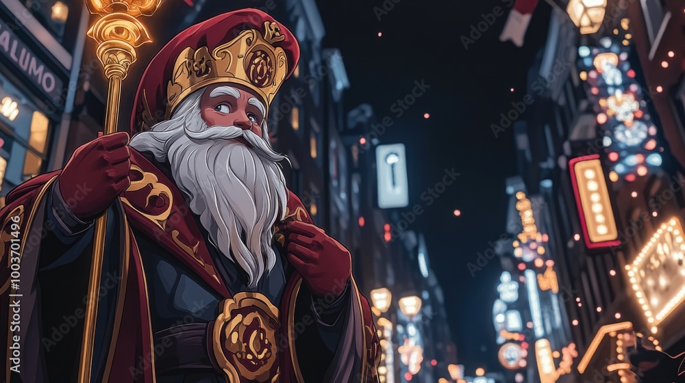 Obraz premium Close-up of Sinterklaas Smiling with Gleaming Hat and Staff in Festive Dutch Setting