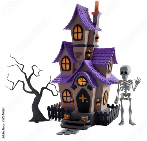 Halloween 3D scary castle with sceleton, purple house, halloween house photo