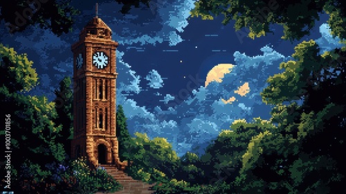 Nighttime Clock Tower in Pixel Art Style photo