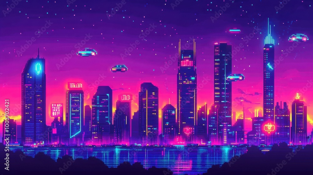 Futuristic Cityscape at Dusk with Neon Lights Futuristic Cityscape at Dusk with Neon Lights