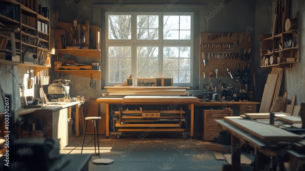 Cozy Workshop with Tools and Wooden Boards Cozy Workshop with Tools and Wooden Boards