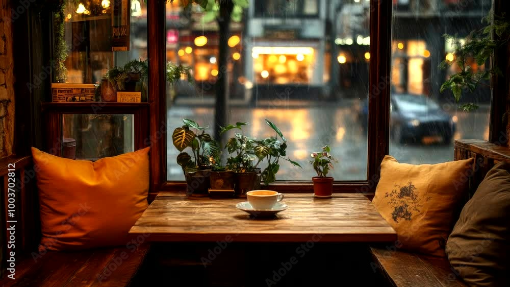 Cozy café interior with a view of a rainy street and a cup of coffee on the table. Seamless looping 4k video background Cozy café interior with a view of a rainy street and a cup of coffee on the table. Seamless looping 4k video background