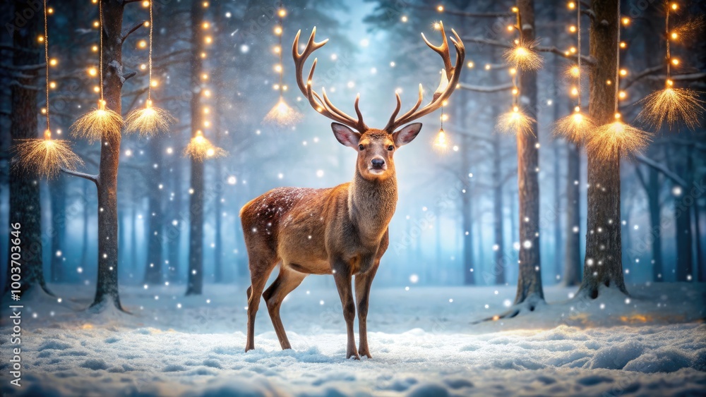 A majestic deer stands in a snow-covered forest, surrounded by glowing lights, creating a magical winter scene. A majestic deer stands in a snow-covered forest, surrounded by glowing lights, creating a magical winter scene.