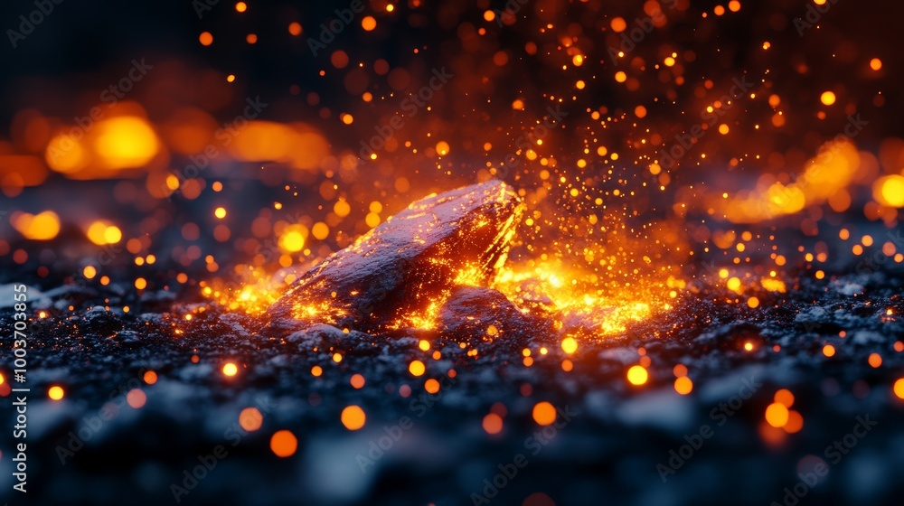 Obraz premium Close-up of glowing lava rock with sparks, showcasing the beauty of molten earth and geothermal activity.